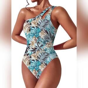 NWT Beilon One Piece One Shoulder Tummy Control Modest Swimsuit, Small (4-6)